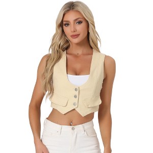 Allegra K Women's Vintage Button-Up Sleeveless Cropped Jean Waistcoat Vest - 1 of 4