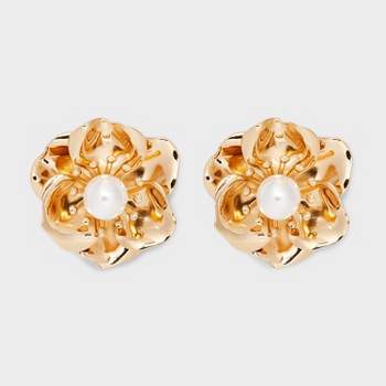 Gold White Pearl Metal Flower Stud Earrings - A New Day™ Gold/White