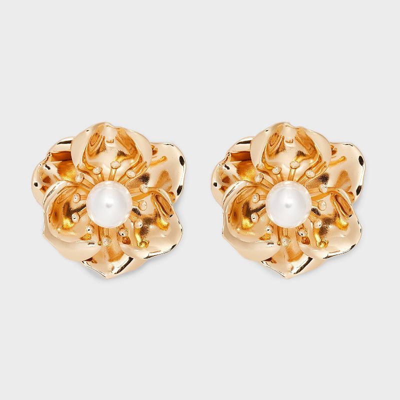 Gold White Pearl Metal Flower Stud Earrings - A New Day&#8482; Gold/White, 1 of 5