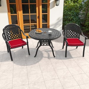 3-Piece Cast Aluminum Outdoor Dining Set: Round Table, Stackable Chairs & Red Cushions - All-Weather Patio Furniture for Your Backyard - 1 of 4