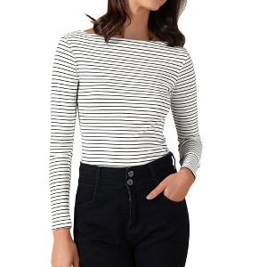 INSPIRE CHIC Women's Striped Long Sleeve Boat Neck Stretchy 2025 Casual Basic Tee Shirt - 1 of 4