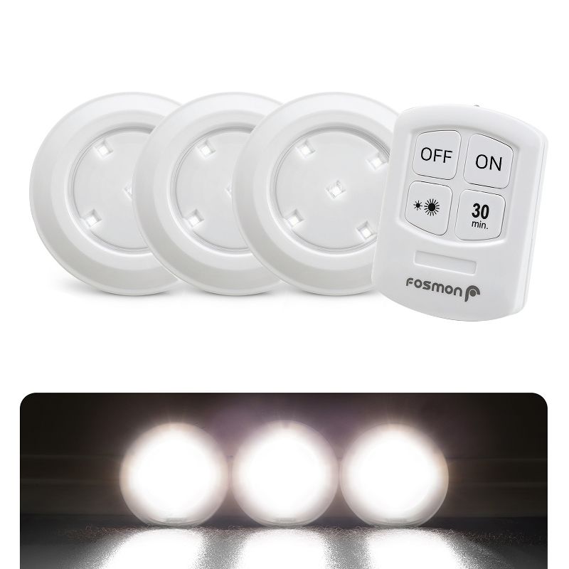 Fosmon Wireless LED Puck Light with Remote Control (Battery Powered) - White - 3 Pack, 1 of 11