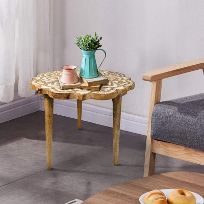 Royal Hampton 18 Inch Handcrafted Mango Wood Side End Table with Floral Carved Top and Tripod Base