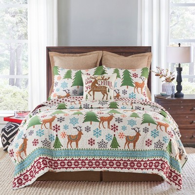 Festive Red and Green Microfiber Twin Quilt Set