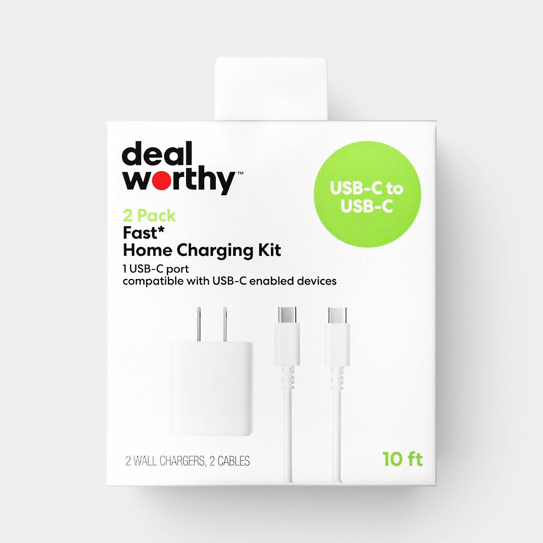 USB-C Wall Charger with 10ft USB-C to USB-C Cable 2 Pack Home Charging Kit - dealworthy™ White
