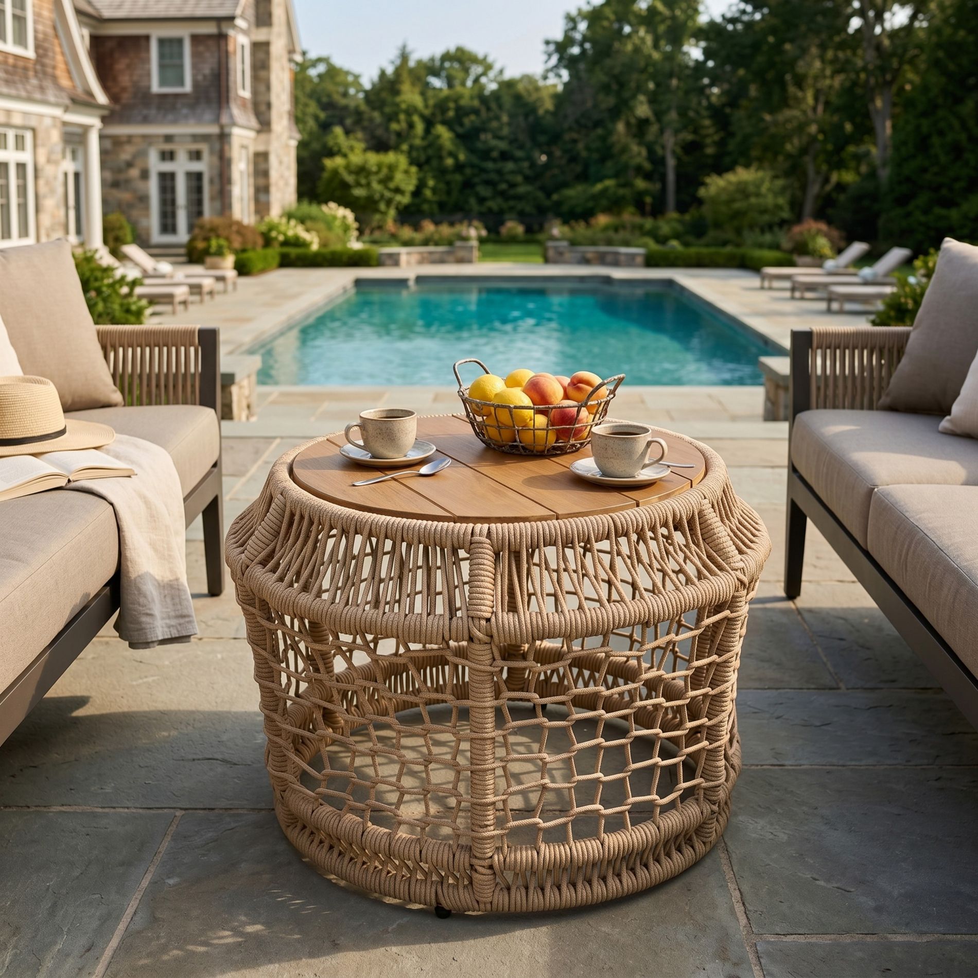 Christopher Knight Home Deimos Boho Outdoor Round Acacia Wood Side Table with Woven Rope Frame, Light Beige/Teak