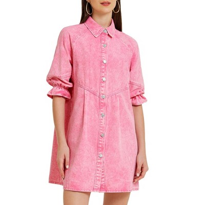 Allegra K Women's Elbow Sleeve Babydoll Mini Jean Shirt Dresses