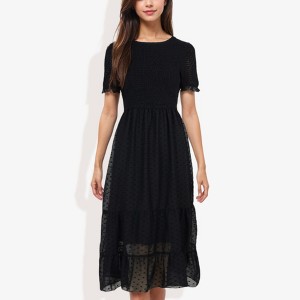 Anna-Kaci Women's Short Sleeve Smocked Dress with Swiss Dot Pattern and Ruffle Hem Detail Casual Summer Dress - 1 of 4