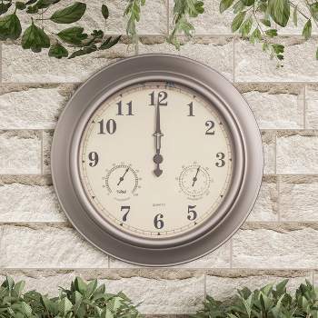 Patio Wall Clock Thermometer-Indoor/Outdoor Decorative 18? Quartz Battery-Powered Waterproof Temperature & Hygrometer by Pure Garden (Silver)