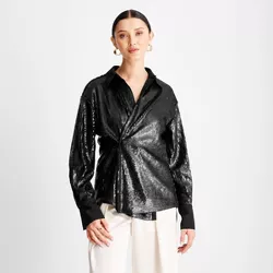 Women's Long Sleeve Sequin Button-Down Shirt - Future Collective™ with Kahlana Barfield Brown Black