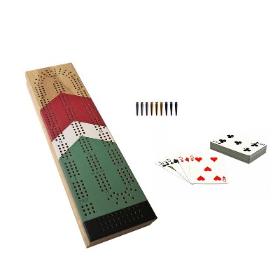 WE Games Cabinet Cribbage Set - Nautical Print - Solid Wood Continuous 3 Track Board with Easy Grip Pegs, Cards and Storage Area