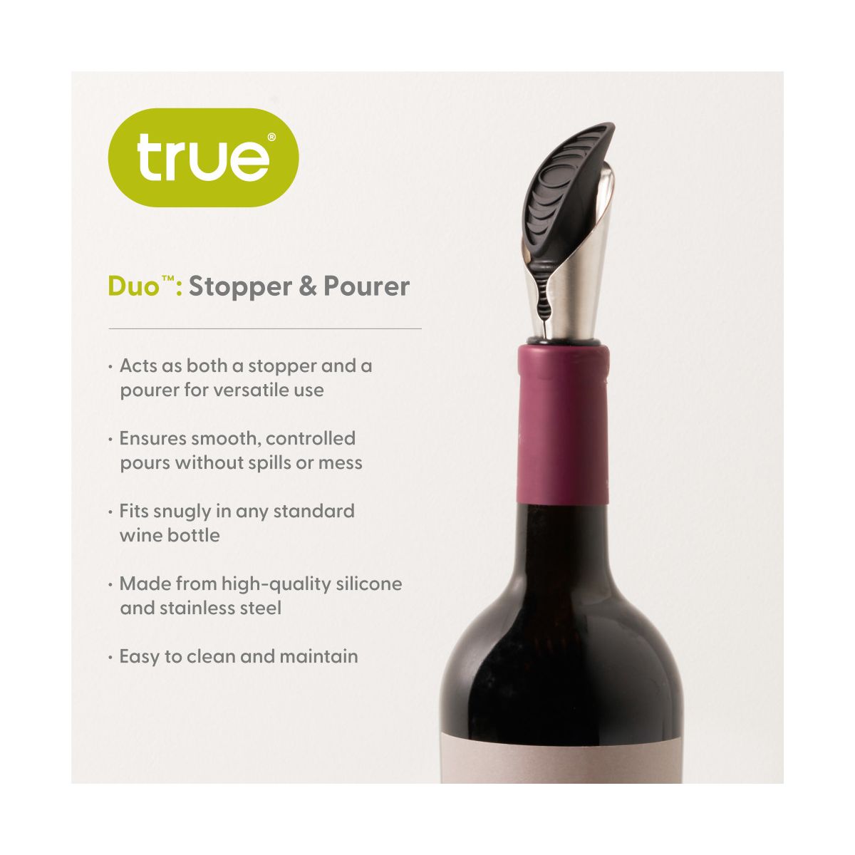True Duo Black Bottle Stopper and Pourer, Drip-Free Silicone & Stainless Steel Pour Spout for Standard Wine Bottles, Wedding, Home Bar Gifts, Set of 1 - thumbnail 2