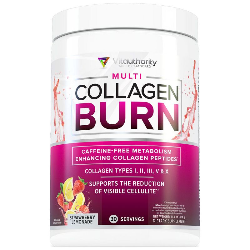 Multi Collagen Burn Hydrolyzed Collagen Peptides Powder with Types I II III V X, Supports Weight Loss, Strawberry Lemonade, Vitauthority, 30 servings, 1 of 5