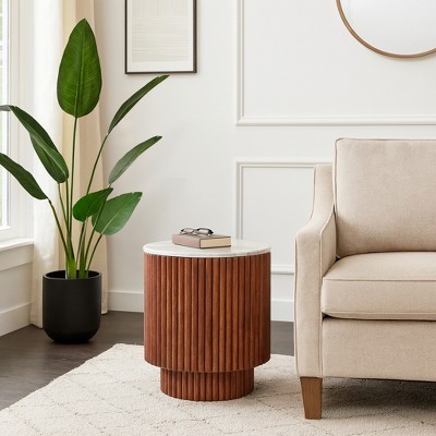 Side Table with Fluted Brown Base and White Marble Top - Modern Accent Piece for Small Spaces and Home Decor