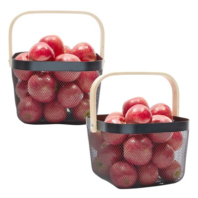 Black Square Metal Mesh Fruit Basket with Wooden Handle, 9.5 x 7 inches, Set of 4