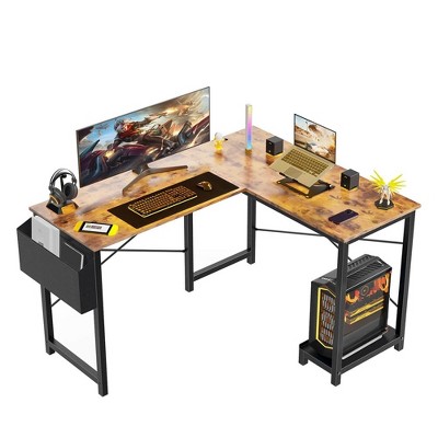 47 Inch L Shaped Game Table with Side Storage Pockets, Metal Frame, Country Study Writing Desk for Home Office, Bedroom, Game Room