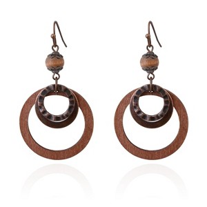 Boho Wooden Dangle Earrings for Women Vintage Brown Earrings Circle Ground Lightweight Dangling with Copper Hammered Style Handmade Jewelry - 1 of 4