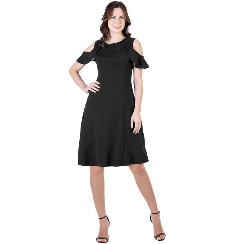 24seven Comfort Apparel Ruffle Cold Shoulder A Line Knee Length Dress, 1 of 7