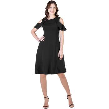 24seven Comfort Apparel Ruffle Cold Shoulder A Line Knee Length Dress