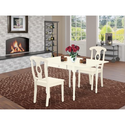 East West Furniture 3 Pc Kitchen Table set - Robust Two 9-Inch Drop Down Leaves Solid Wood Dinette Table & 2 Wooden Seat Dining Chairs,  White