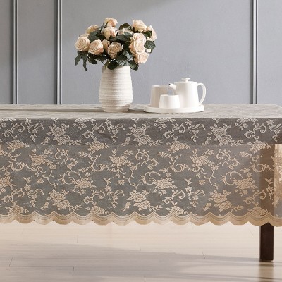 HLC.ME Harper Floral Patterned Scalloped, Wrinkle Resistant, Lace Fabric Table Cloth for Round and Rectangle Tables