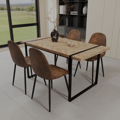NicBex Dining Table Set for 4 Modern Kitchen Table with Oak Wooden Tabletop, Metal Frame and 4 Suede Chairs for Kitchen