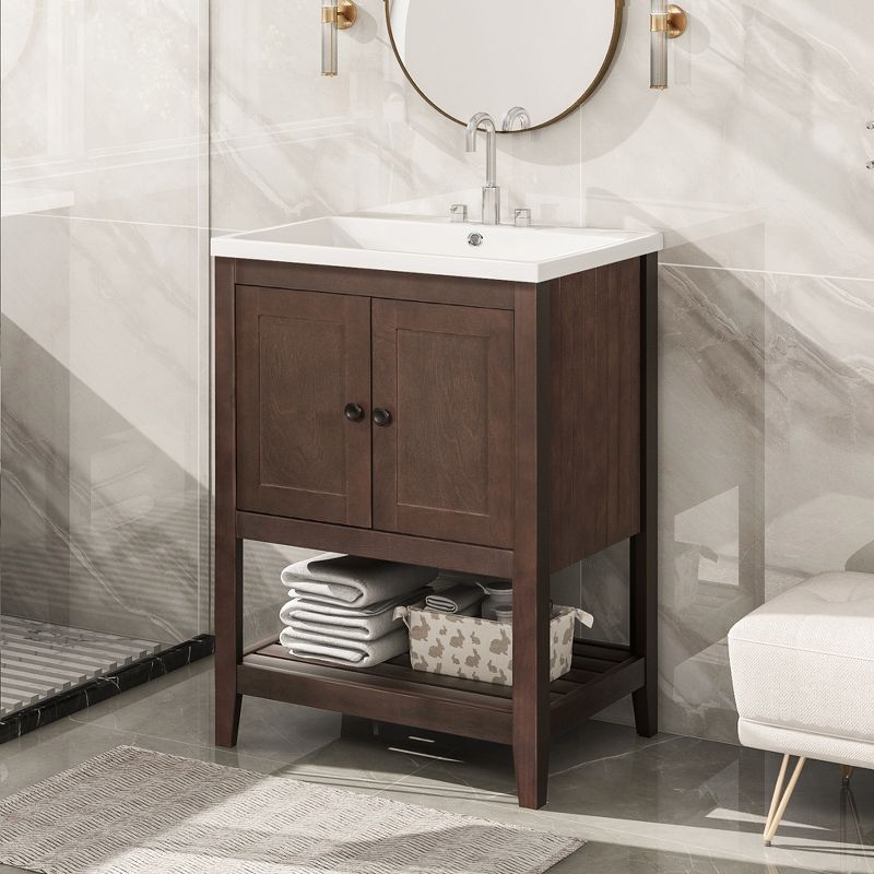 24" Modern Stylish Bathroom Vanity with Porcelain Sink and Open Shelves - ModernLuxe, 1 of 10