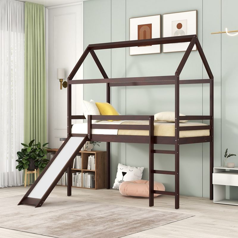 Twin Loft Bed, Twin Size Loft Bed With Slide, Solid Pine Legs And Frame, Safety Guardrail, Ladder, No Box Spring Required, 1 of 8