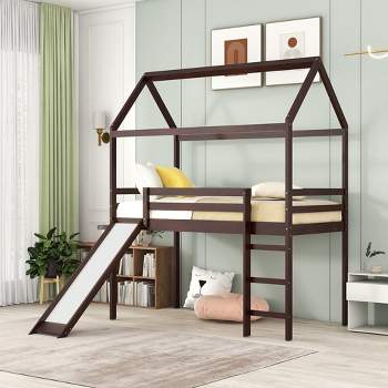 Twin Loft Bed, Twin Size Loft Bed With Slide, Solid Pine Legs And Frame, Safety Guardrail, Ladder, No Box Spring Required