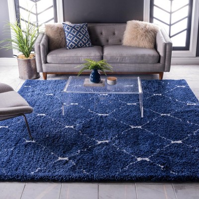 Navy Blue Square Shag Rug with Ivory Trellis Pattern