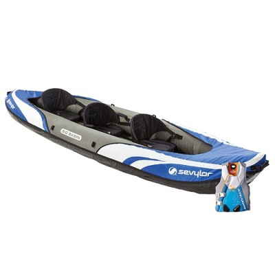 Sevylor Big Basin 3 Person Inflatable Kayak w/Adjustable Seats & Stearns Women's V2 Series Neoprene V-Flex Life Jacket Vest, Blue, XL