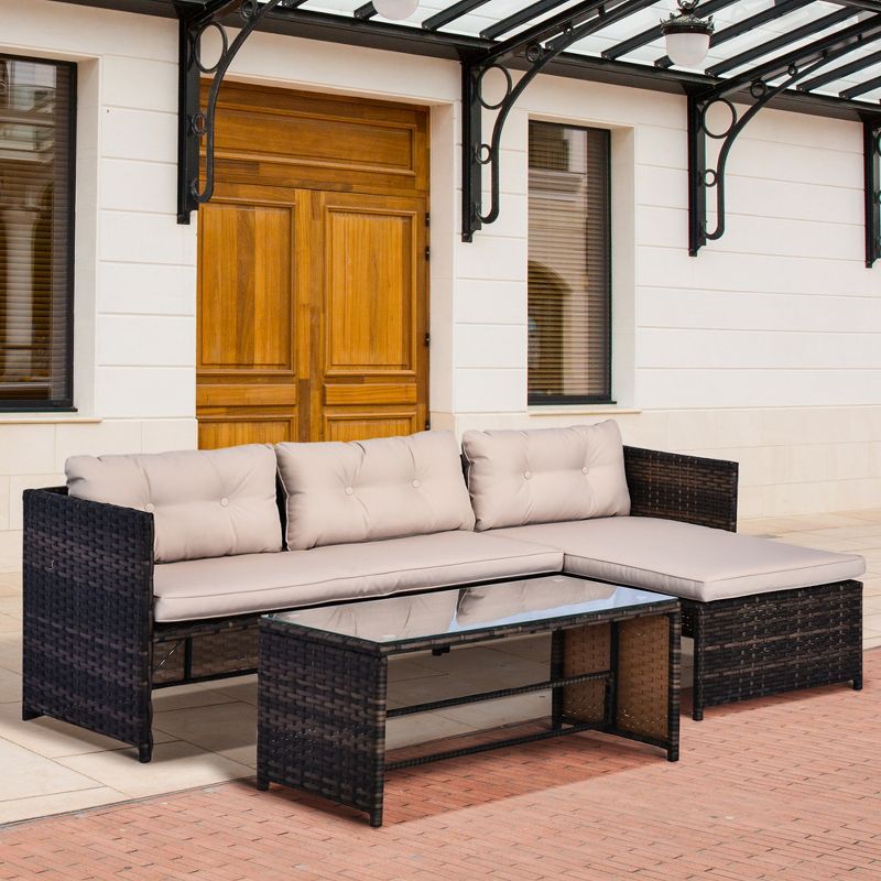 Outsunny 3-Piece Wicker Patio Furniture Sets, Rattan Conversation Sets, Sectional sofa set with Cushioned Lounge Chaise for Garden Poolside or Porch Lounging, 2 of 9