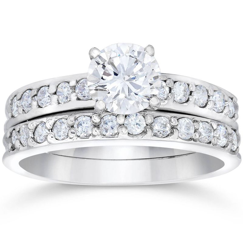 Pompeii3 1 carat Genuine Diamond Engagement Matching Wedding Ring Set 14K White Gold, 1 of 5