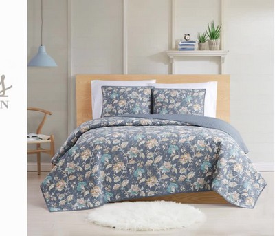 Slate Blue Floral King Cotton Quilt Set with Reversible Design