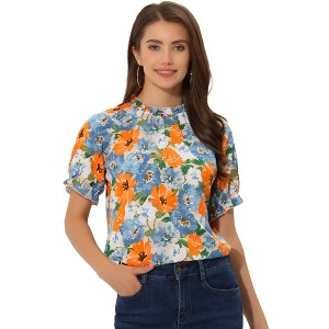 INSPIRE CHIC Women's Ruffled Short Sleeve Floral Mock Neck Summer Top - 1 of 4