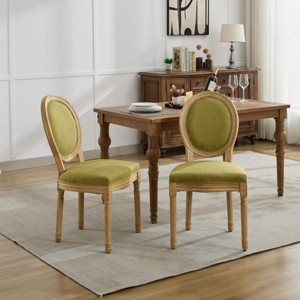 French Linen Dining Chairs Set of 2 with Upholstered Round Back,Antique Finish Solid Wood Frame for Dining Room-Baofuwish - 1 of 4