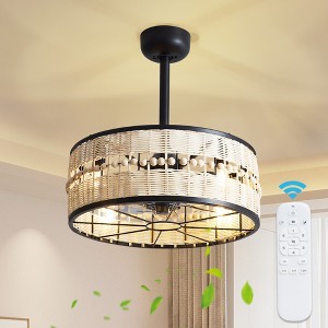 POWLIG 18.11" Farmhouse Boho Ceiling Fan with Lights - Caged Metal Design, Wood Bead & Bamboo Frame, Remote Control, for Living Room, Bedroom - 1 of 4