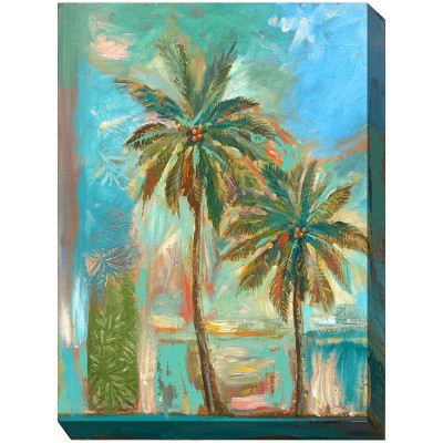 Cottage Garden West of The Wind Modern Palms Teal, Green, Red 30 x 40 Inch Waterproof Gallery Wrapped Canvas, Outdoor Garden, Yard, Patio All Weather