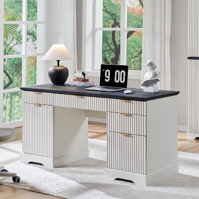SinCiDo 58" Desk,Modern Grooved Computer Writing Desk,w/ 5 Drawers and 1 Adjustable Storage Cabinet,Desk for Study and Bedroom