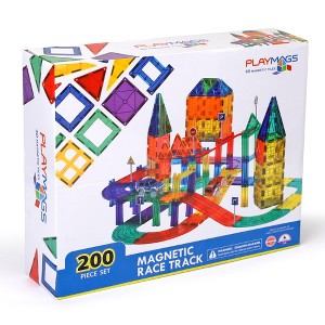 Playmags Magnetic Tiles Race Track Set - 200 Piece STEM Engineering Building Blocks with 2 LED Race Cars, Educational Magnet Toy for Kids - 1 of 4