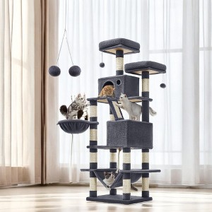 66.1 Inch Large Cat Tree Cat Tower with Scratching Posts, 2 Perches, 2 Caves, Basket, Hammock, Pompoms, Multi-Level Plush Cat Condo for Indoor Cats - 1 of 4