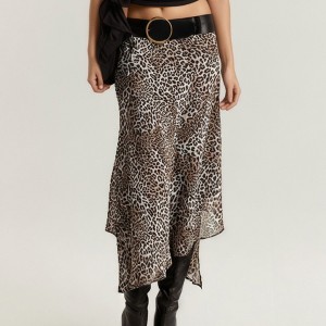 Anna-Kaci Women's Leopard Print Asymmetrical Midi Skirt with Flowing Hem and Lightweight Chiffon Fabric - 1 of 4