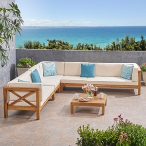 Christopher Knight Home Julie 6 Piece V-Shape Outdoor Acacia Wood Sectional Set with Coffee Table and Cushions - 1 of 4