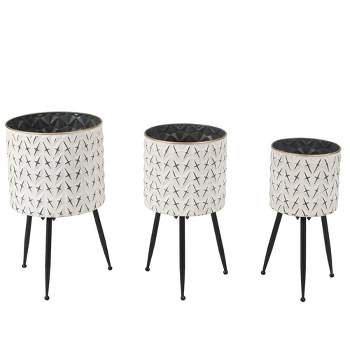 LuxenHome Set of 3 Distressed White and Black Metal Cachepot Planters with Legs Off-White