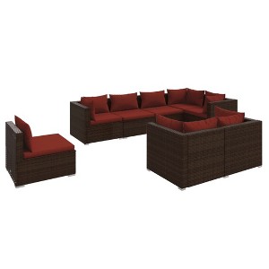 vidaXL Patio Lounge Set Outdoor Sectional Sofa Set Table Garden Poly Rattan - Brown and Red 5x Corner 3x Middle - 1 of 4