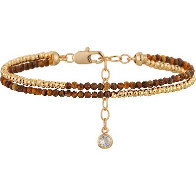 Women Beaded Bracelet Gold Double Layer Gemstone 14K Simple Dainty Handmade Chain Everyday Boho Beach Jewelry