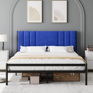 Platform Bed Frame with Velvet Headboard - 1 of 4