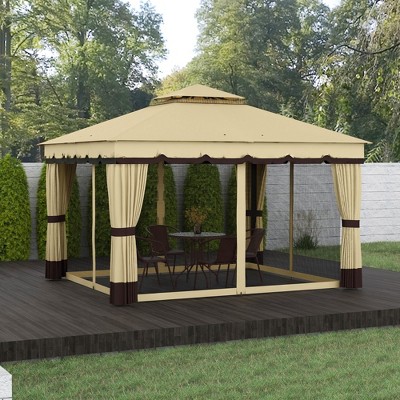 Beige and Brown Double Roof Patio Gazebo with Netting and Curtains