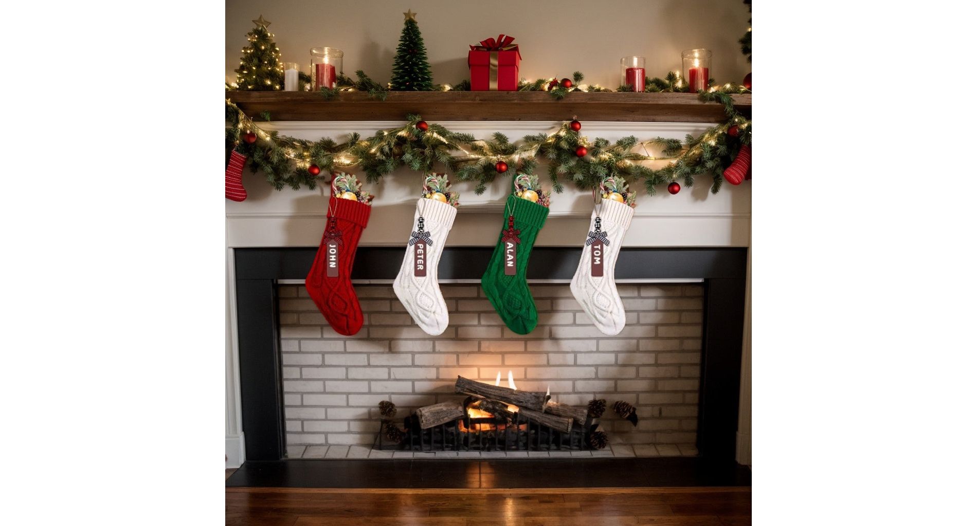 4 Pcs Grinch Christmas Decorations, 18" Personalized Christmas Stockings, Large Stocking Stuffers with DIY Wooden Name Tags for Holiday Decor