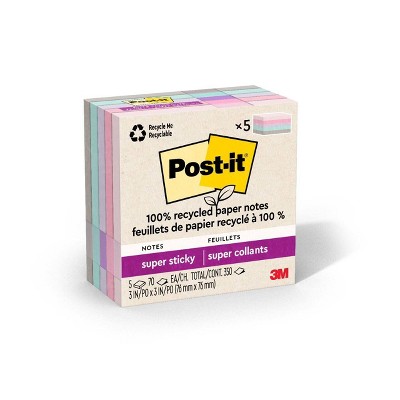 Post-it® 100% Recycled Paper Super Sticky Notes, 3 in. x 3 in., Wanderlust Pastels, 5 Pads/Pack, 70 Sheets/Pad: Multicolored Stationery, Uncoated